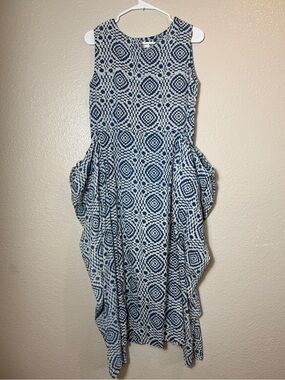 World Market L/XL Cotton Maxi Dress Blue White Geometric Print Side Pockets